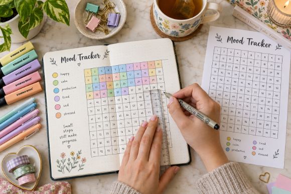 Hands drawing a monthly mood tracker grid in a bullet journal with a ruler