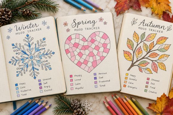 Seasonal monthly mood trackers with a snowflake, a heart, and autumn leaves