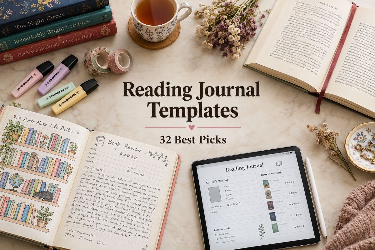 Flat lay with a reading journal bookshelf spread, a review page, books, and a tablet on a cream desk