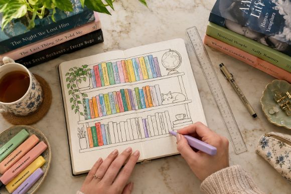 Hands coloring a bookshelf spread in a reading journal