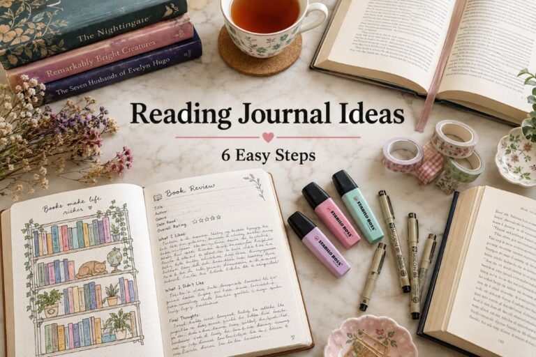 Reading journal with a colored bookshelf spread, books, and pastel pens on a cream desk