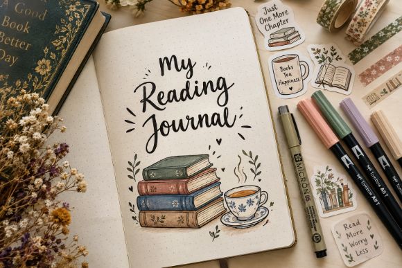 Hand-lettered reading journal cover page with a drawn stack of books