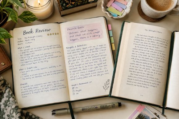 Book review page in a reading journal next to an open novel