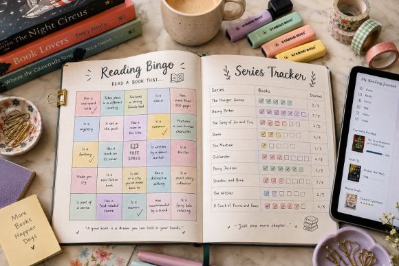 Reading journal spreads with a reading bingo grid and a series tracker